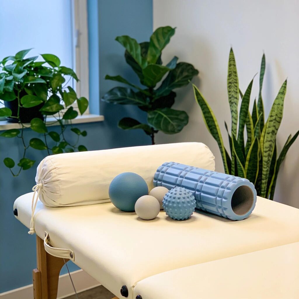 Myofascial release therapy tools and a calming therapy room setup