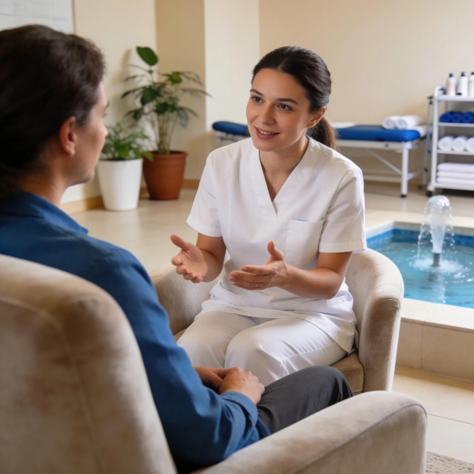 Therapist and client consultation before a massage session at the Hackettstown clinic
