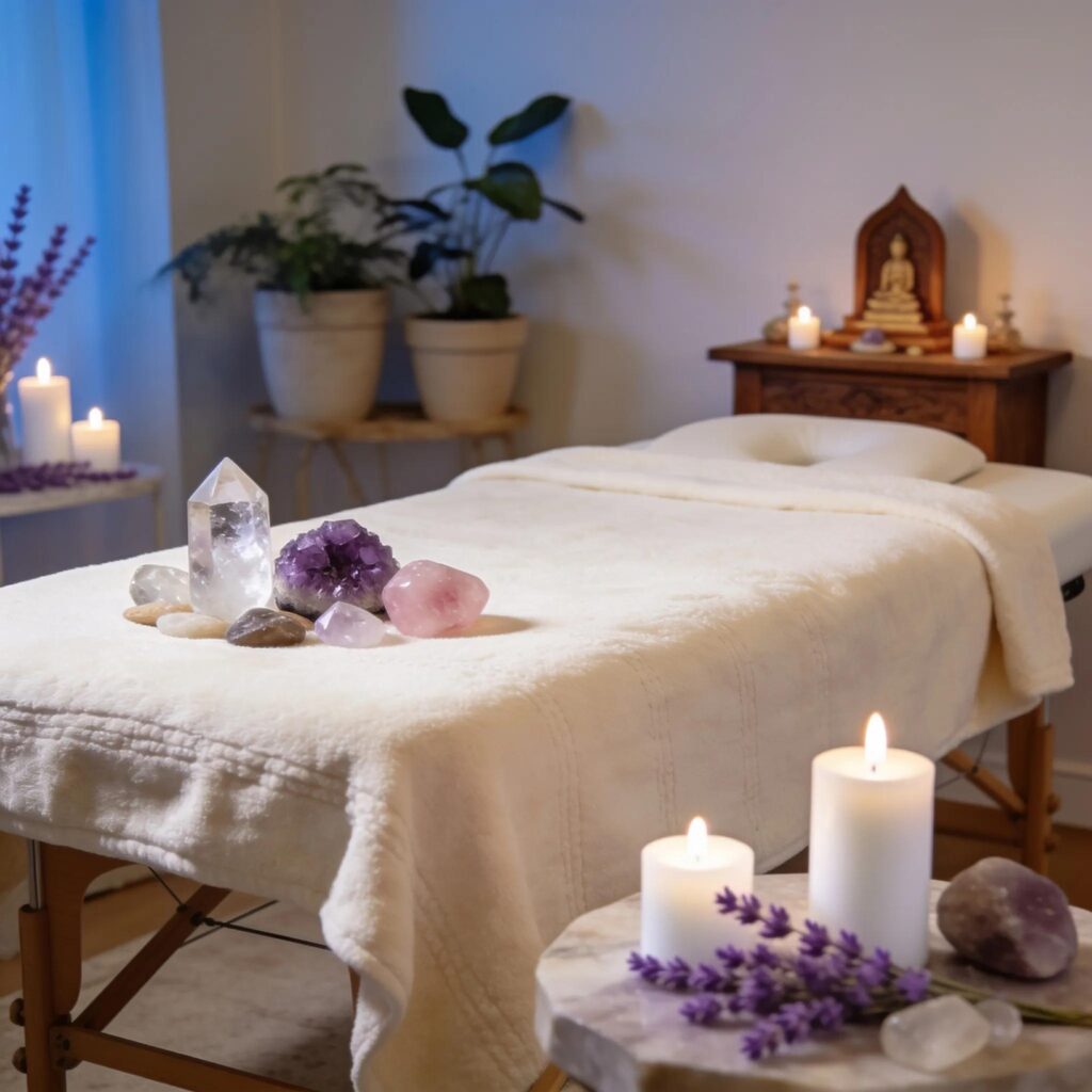 Reiki healing session setup with calming room elements showcasing energy healing ambiance.