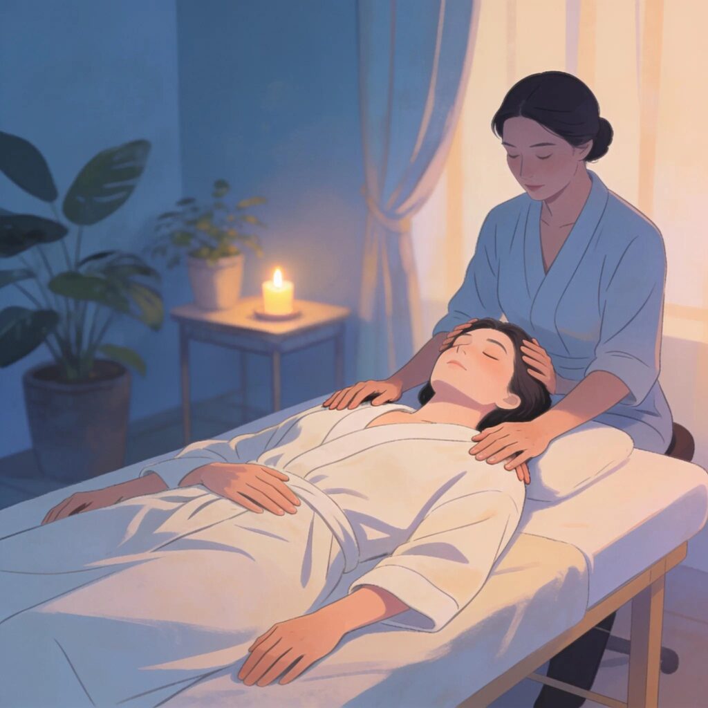 Key steps of a Reiki session showcasing a practitioner and client in a calming environment.