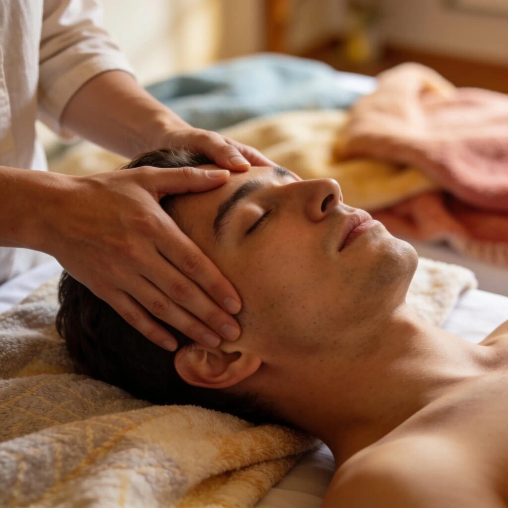 Craniosacral therapy session with a therapist's gentle hands on a patient's head in a calming environment