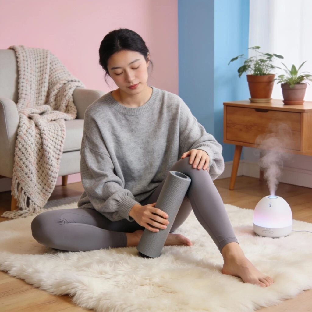 Person performing self-myofascial release on a foam roller at home, emphasizing relaxation techniques