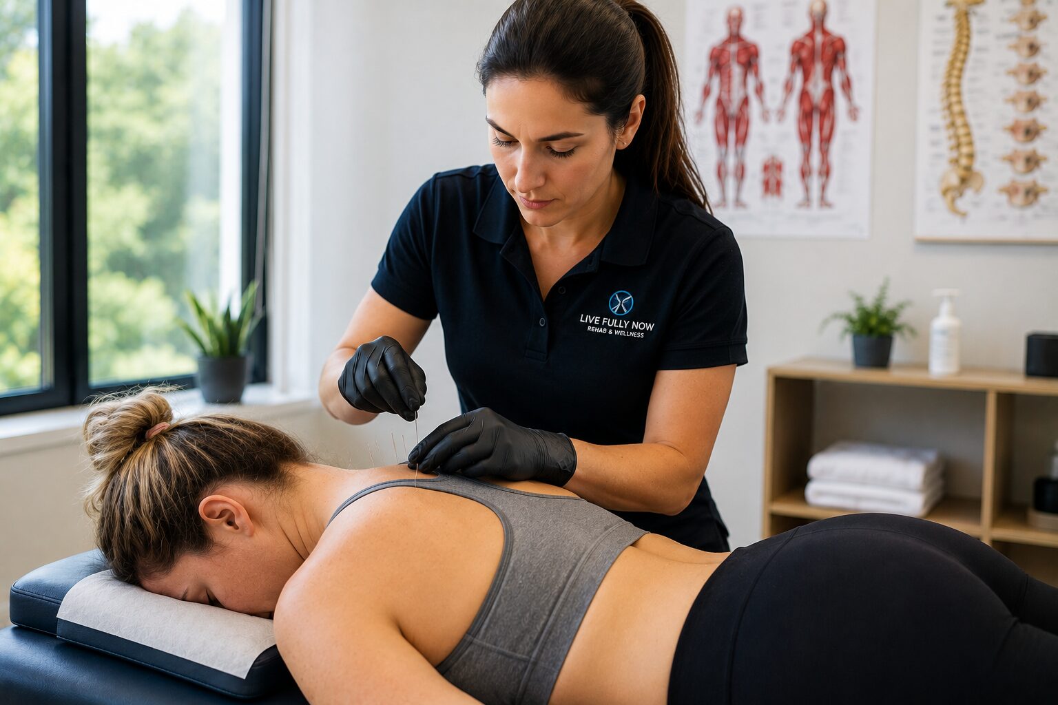 A licensed physical therapist safely performs dry needling on a patient's upper shoulder in a clean rehabilitation clinic to relieve muscle tension, reduce pain, and improve mobility.