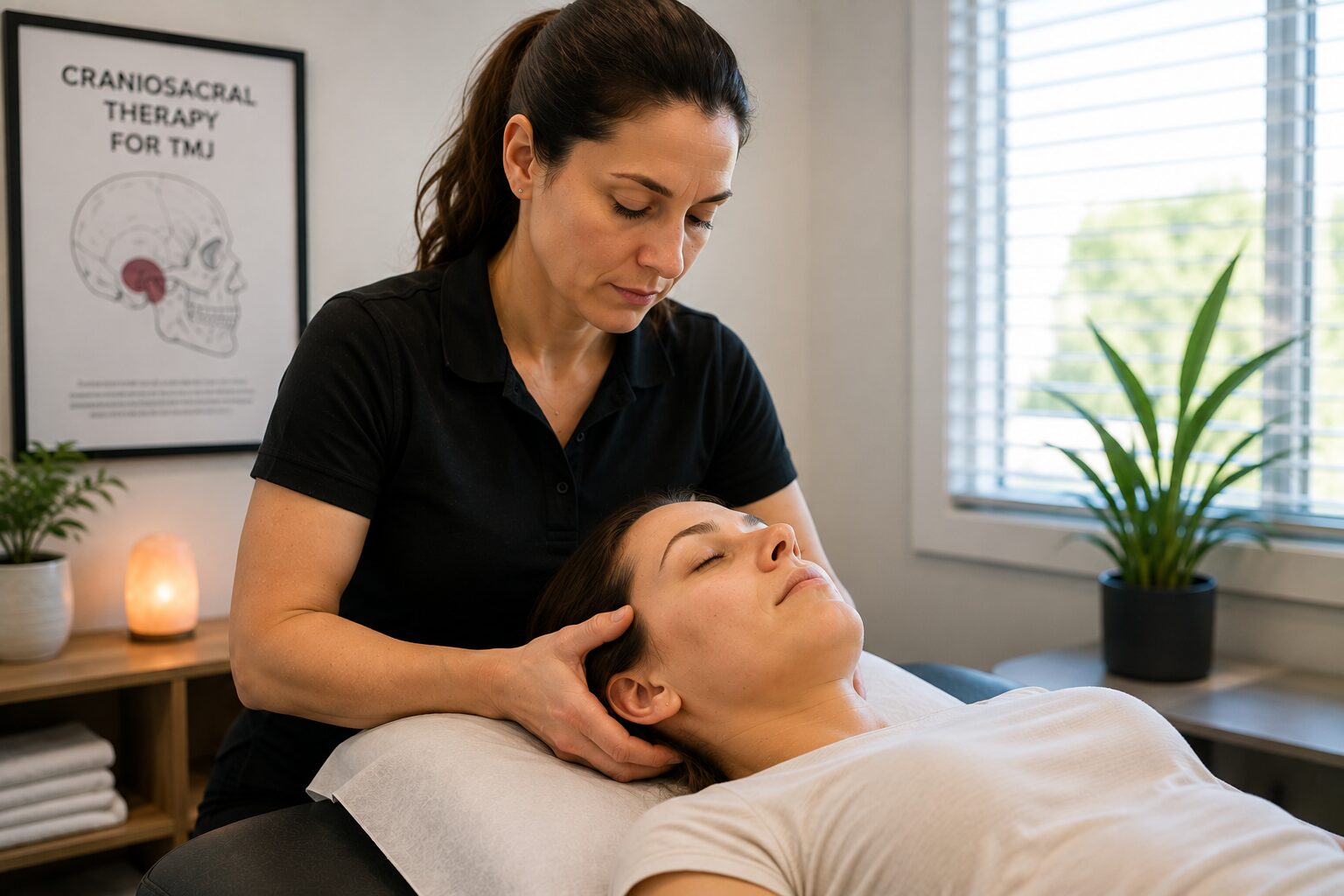 A physical therapist gently performs craniosacral therapy by supporting a patient's head and jaw to help ease TMJ discomfort, relieve facial tension, and encourage relaxation in a peaceful rehabilitation clinic.