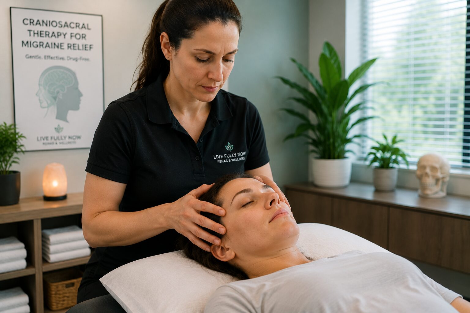 A physical therapist performs craniosacral therapy by gently supporting a patient's head to help relieve migraine pain, reduce tension, and promote relaxation in a calm rehabilitation clinic.