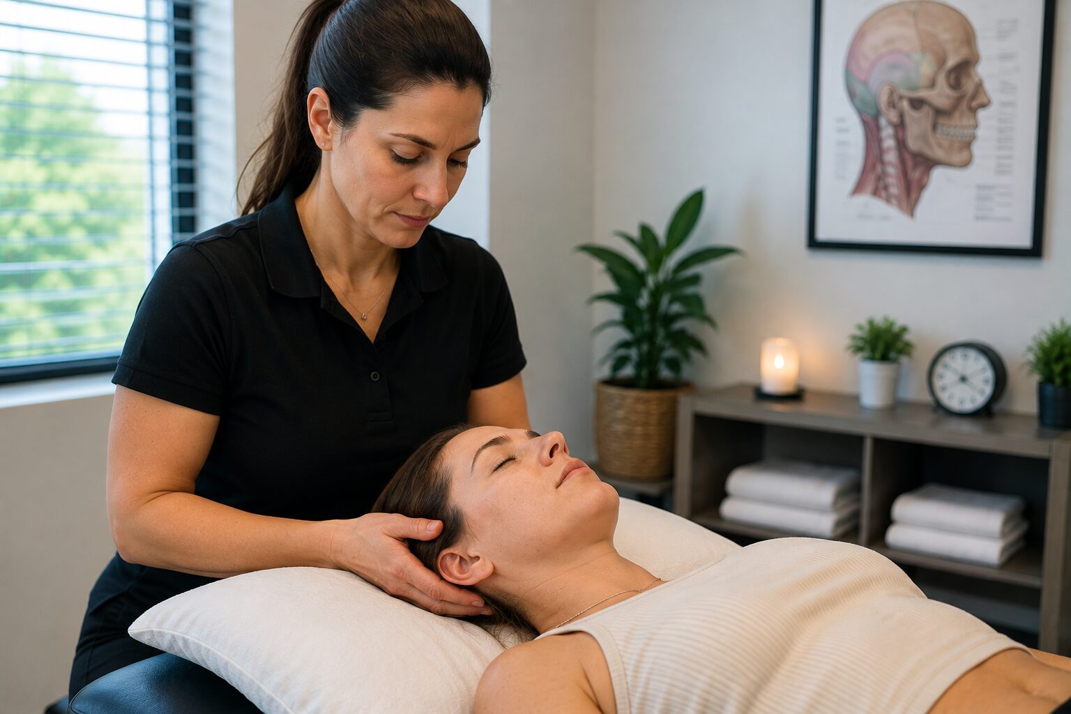 A physical therapist performs craniosacral therapy by gently supporting a patient's head and jaw to help relieve TMJ pain, reduce jaw tension, and promote relaxation in a modern rehabilitation clinic.