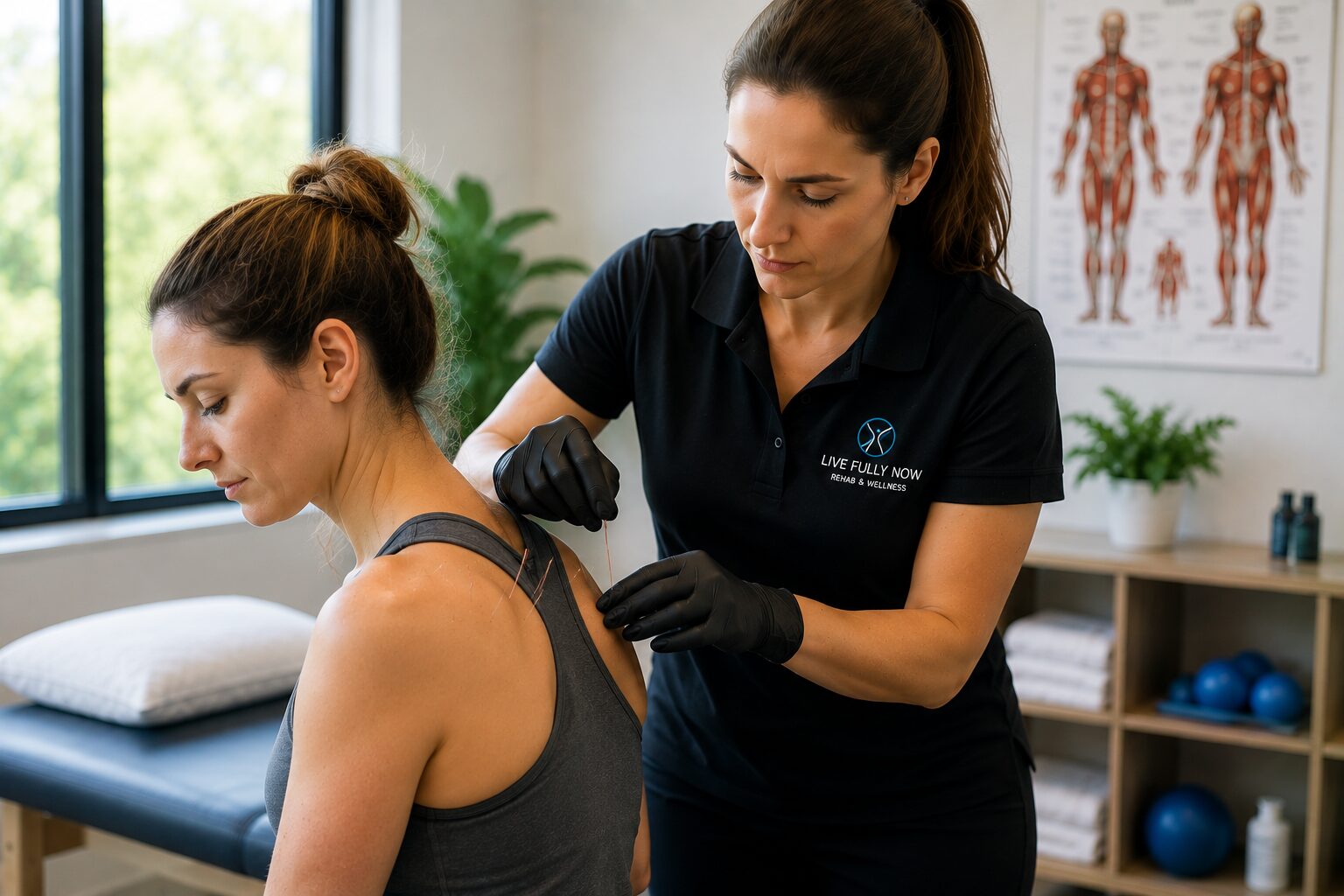 A physical therapist performs dry needling on a woman's shoulder in a modern rehabilitation clinic to relieve shoulder pain, reduce muscle tension, and improve mobility.