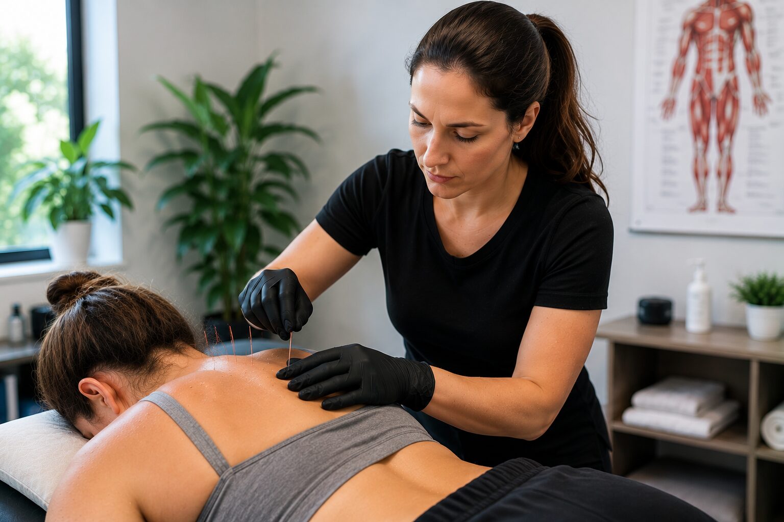 A physical therapist performs dry needling on trigger points in a patient's upper back to relieve muscle tightness, reduce pain, and restore normal muscle function in a modern rehabilitation clinic.