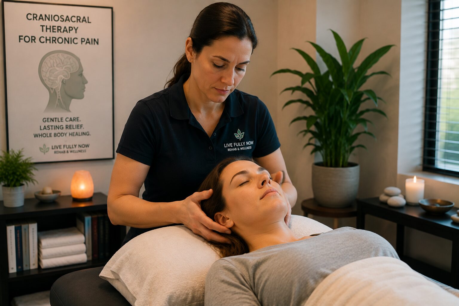 A physical therapist performs gentle craniosacral therapy by supporting a patient's head and neck to help relieve chronic pain, reduce stress, and promote relaxation in a peaceful rehabilitation clinic.
