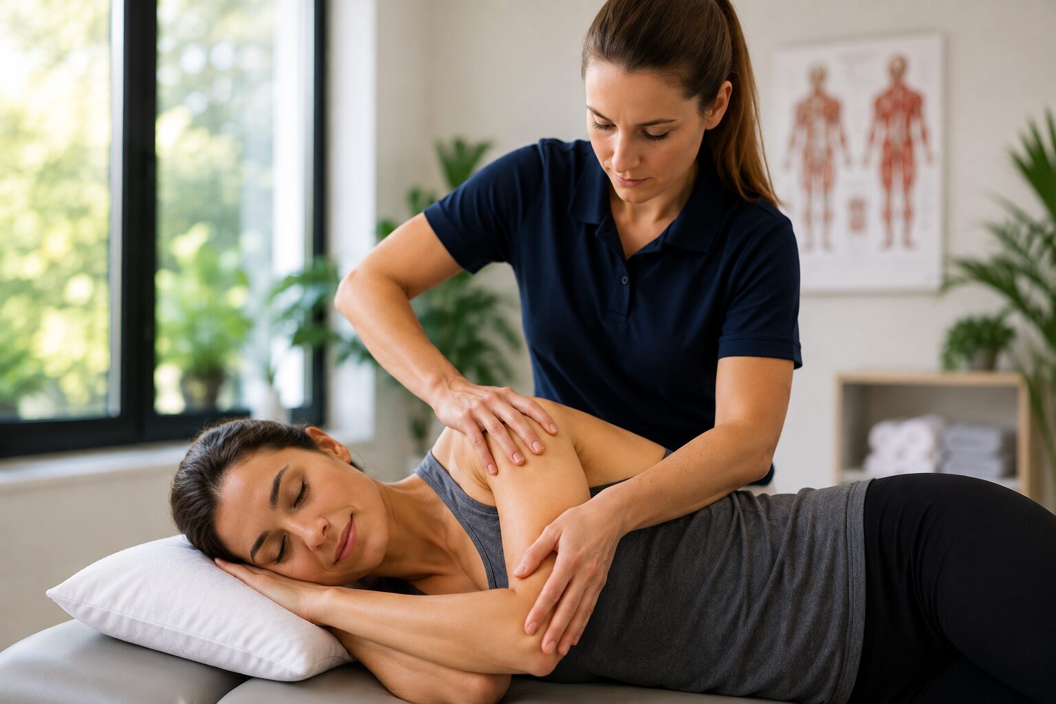 A physical therapist performs myofascial release therapy on a woman's shoulder in a bright rehabilitation clinic to help improve mobility and relieve frozen shoulder pain.