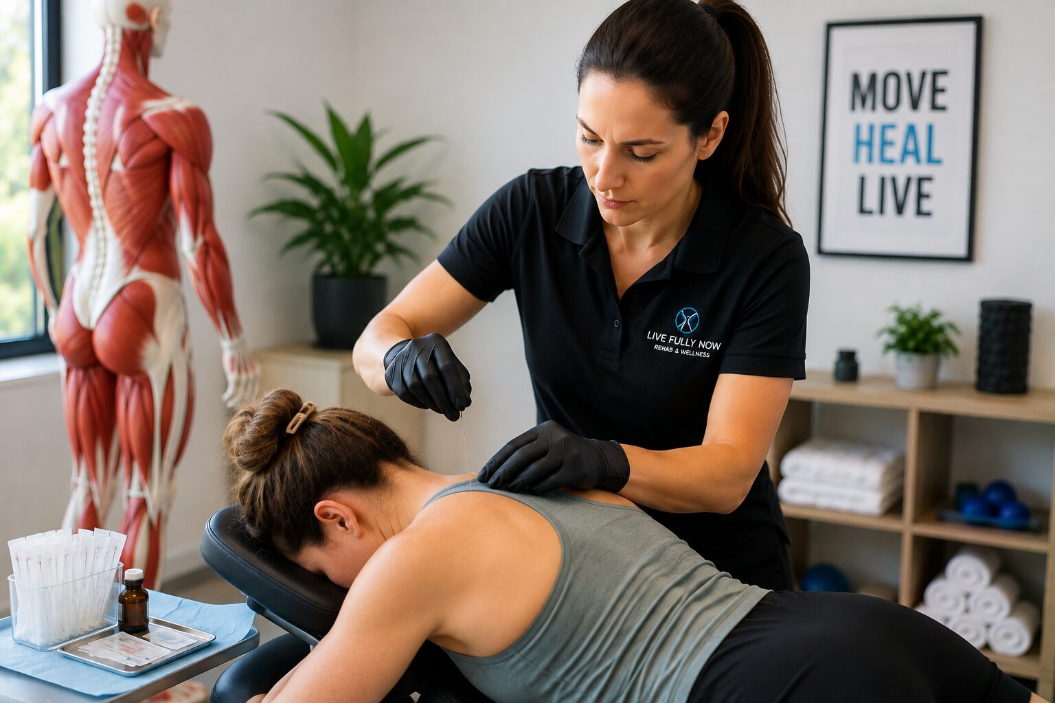 A physical therapist wearing gloves performs dry needling on a patient's upper back in a modern rehabilitation clinic with sterile equipment, anatomical models, and a calm treatment environment.