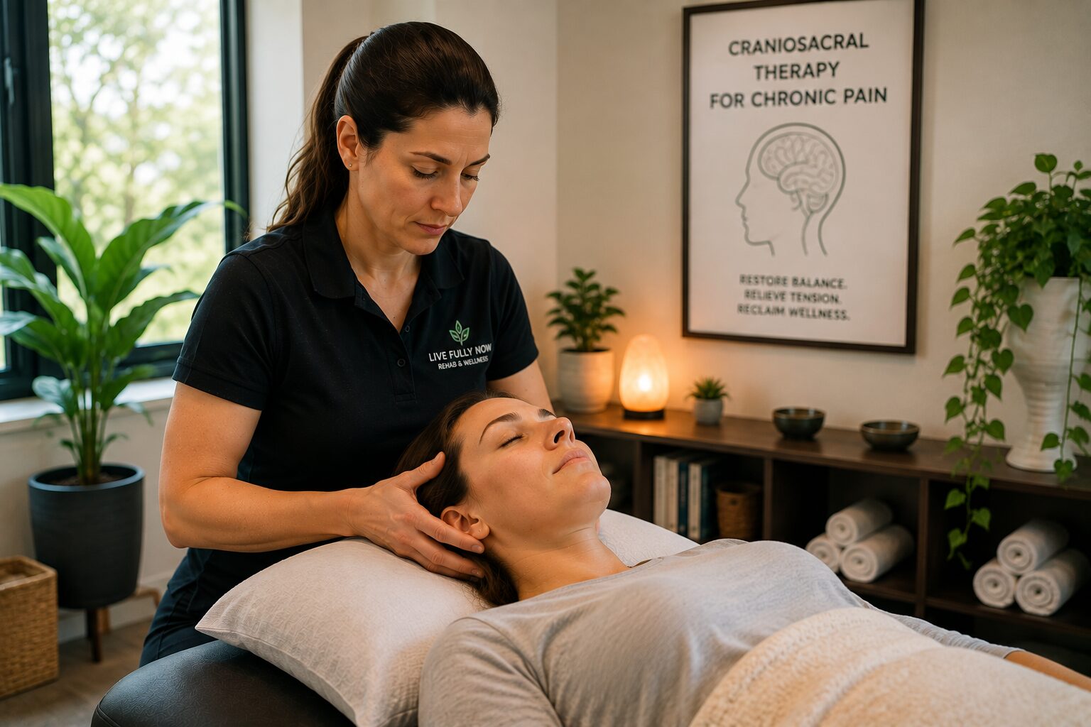 A therapist gently supports a patient's head during a craniosacral therapy session to help reduce chronic pain, release tension throughout the body, and encourage deep relaxation in a comfortable rehabilitation clinic.
