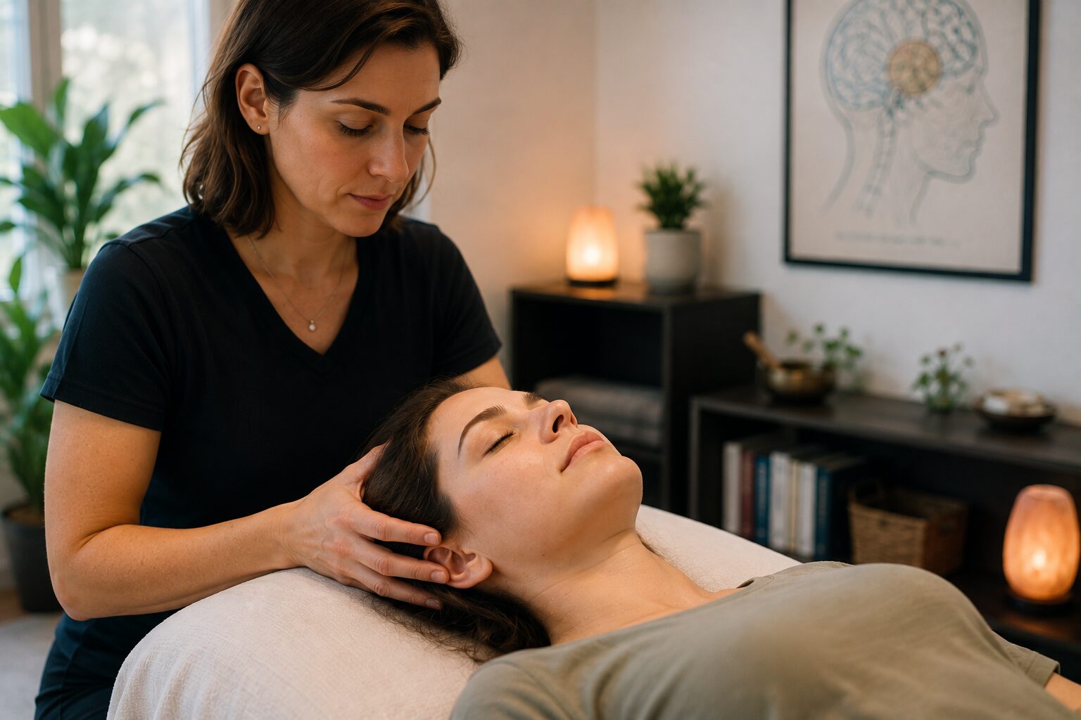 A therapist performs gentle craniosacral therapy by supporting a patient's head during a relaxing treatment session designed to help reduce migraine symptoms, ease head and neck tension, and promote overall well-being.