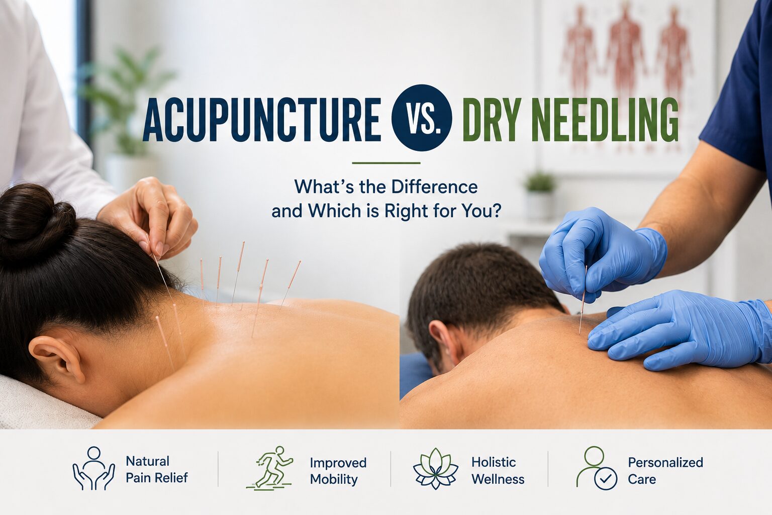Acupuncture vs. dry needling comparison showing two patients receiving needle-based treatments, with information about pain relief, improved mobility, holistic wellness, and personalized care.