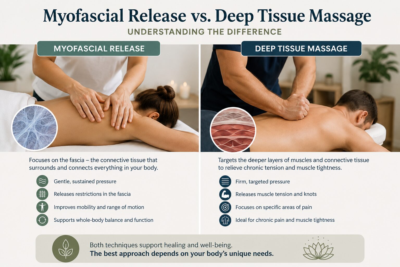 Comparison of myofascial release and deep tissue massage techniques showing gentle fascial therapy versus firm muscle-focused massage in a rehabilitation clinic. - Hackettstown NJ