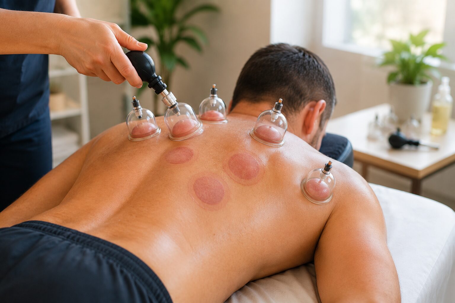 Male athlete receiving cupping therapy on his upper back and shoulders with clear suction cups to support muscle recovery and reduce post-workout tension. - Hackettstown NJ