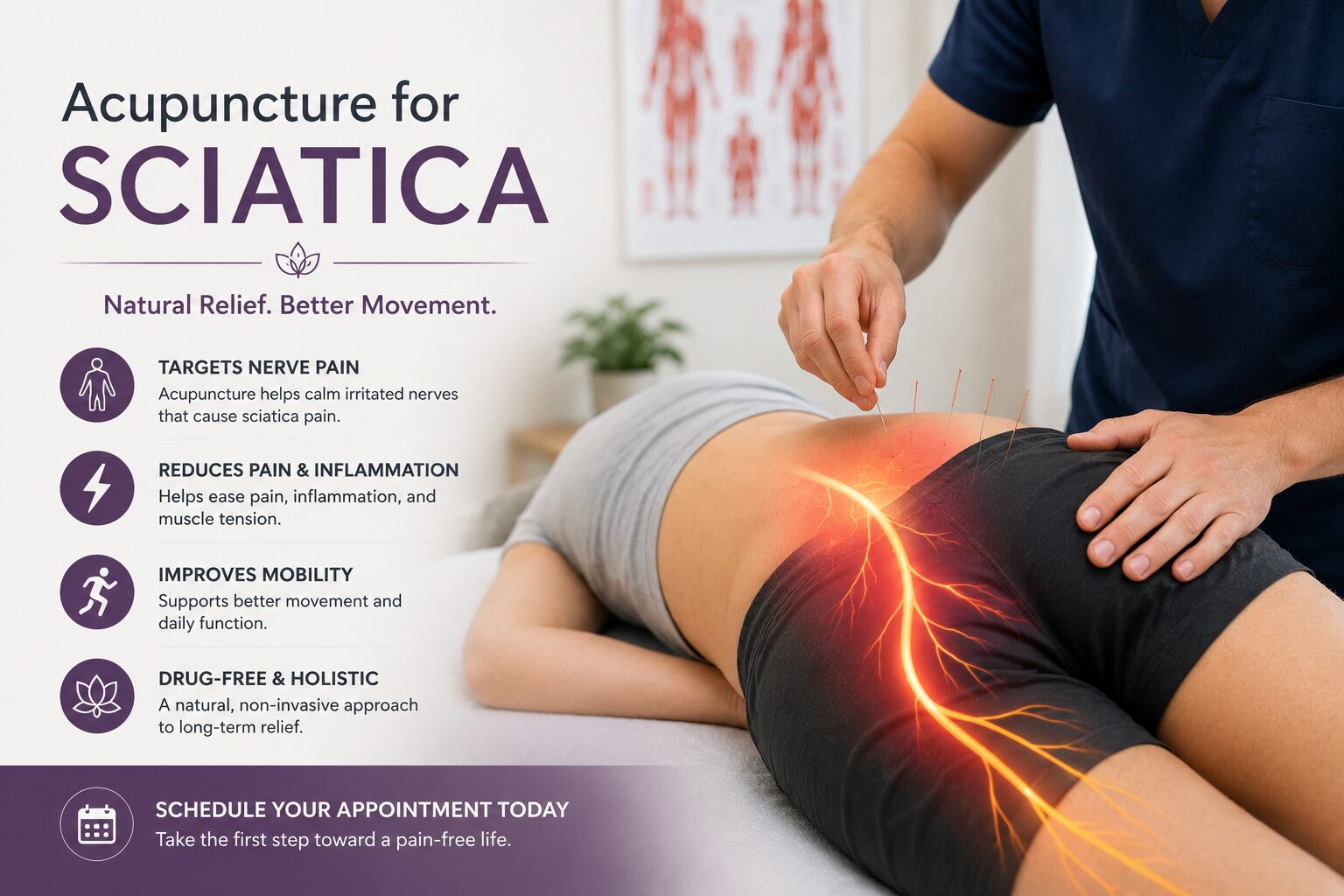 Patient receiving acupuncture treatment on the lower back and hip for sciatica, with needles placed near the sciatic nerve pathway in a clinical rehabilitation setting.
