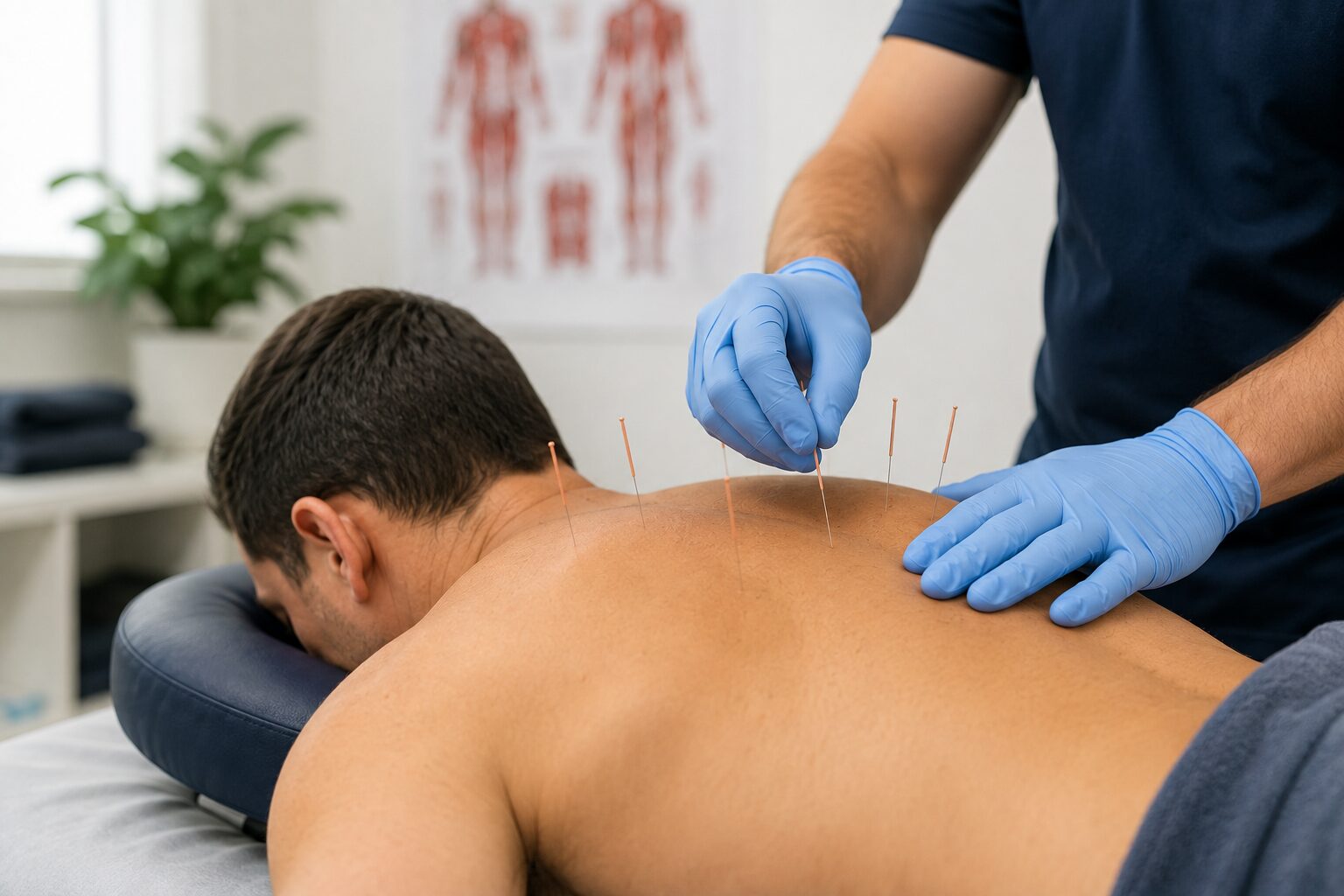 Physical therapist performing dry needling on a patient’s upper back using sterile needles in a clinical rehabilitation setting.