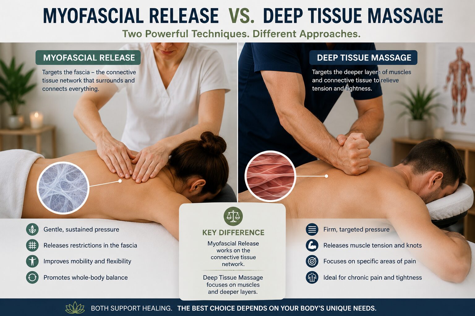 Side-by-side comparison of myofascial release and deep tissue massage techniques demonstrating gentle fascial therapy and targeted deep muscle pressure. - Hackettstown NJ