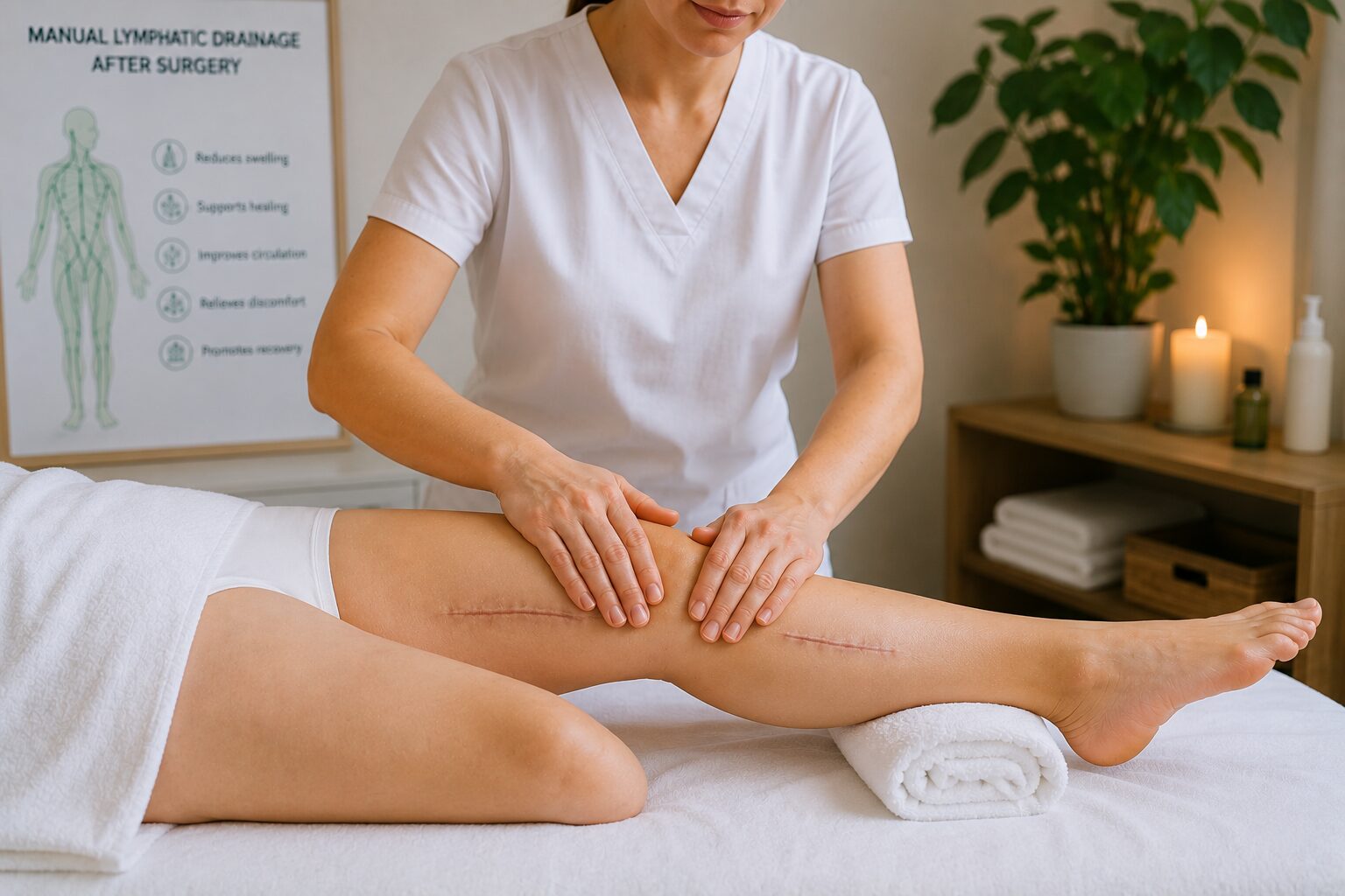 Therapist performing manual lymphatic drainage on a patient’s leg after surgery to help manage swelling and support recovery. - Hackettstown NJ