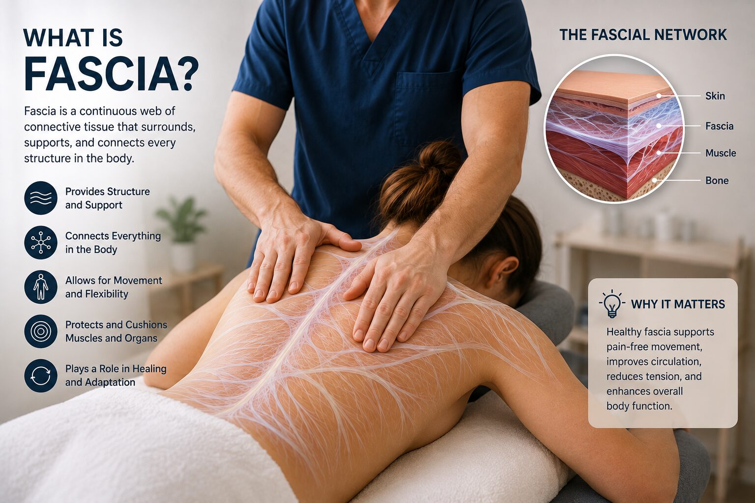 Therapist performing myofascial release on a patient's upper back with an illustration showing the fascia network that supports muscles and movement. - Hackettstown NJ