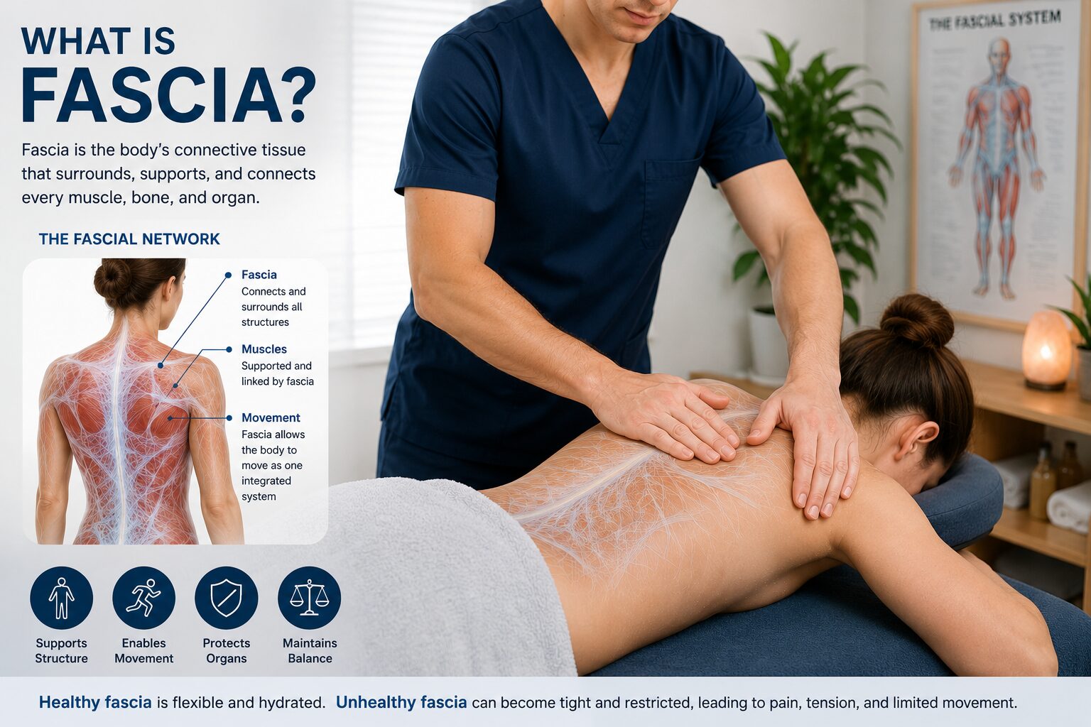 Therapist performing myofascial release therapy on a patient's upper back with an illustration highlighting the fascia network throughout the body. - Hackettstown NJ