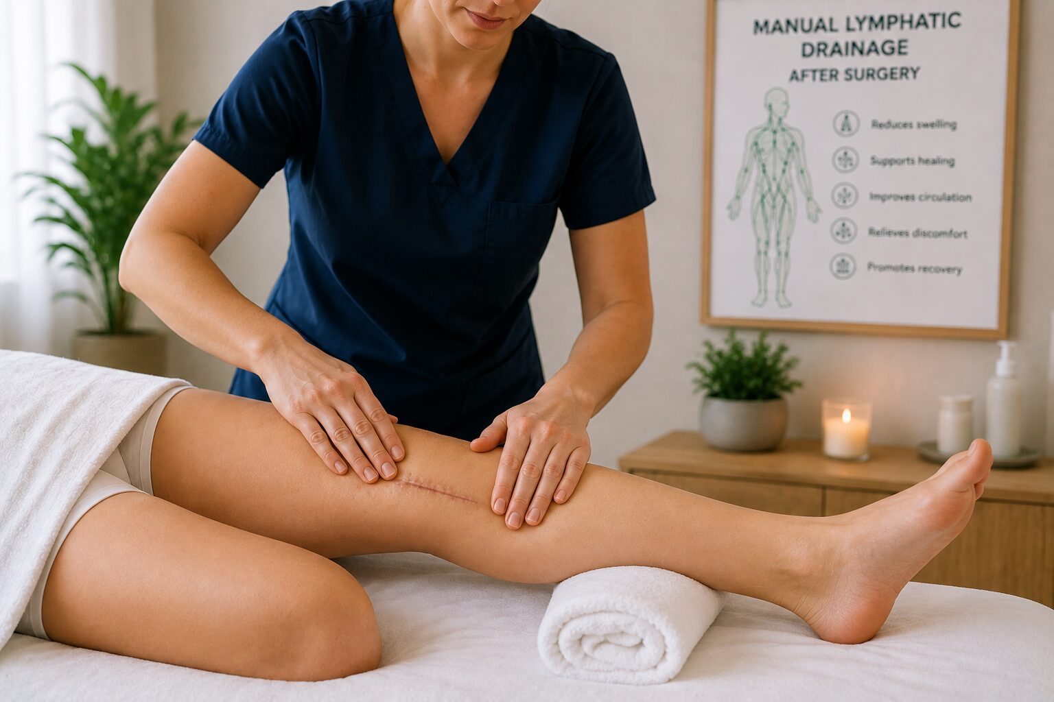 Therapist providing manual lymphatic drainage after surgery to a patient's leg with a healed incision in a professional rehabilitation clinic. - Hackettstown NJ
