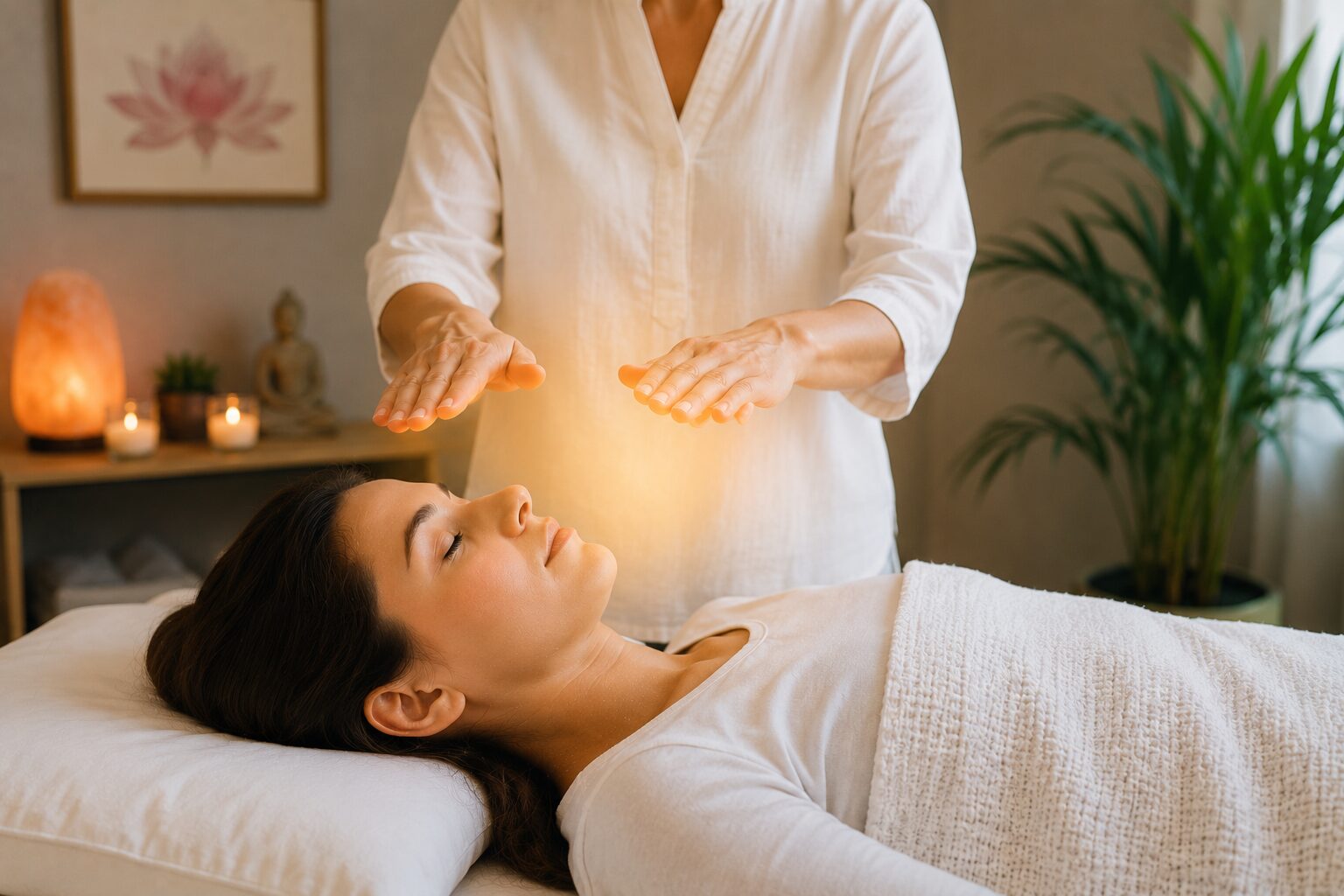 Woman receiving Reiki for stress relief while a practitioner holds both hands above her body in a calm, softly lit wellness room. - Hackettstown NJ