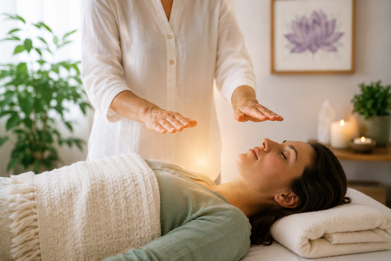 Woman receiving Reiki therapy for stress relief while a practitioner gently holds hands above her body in a peaceful spa-inspired wellness setting. Hackettstown NJ