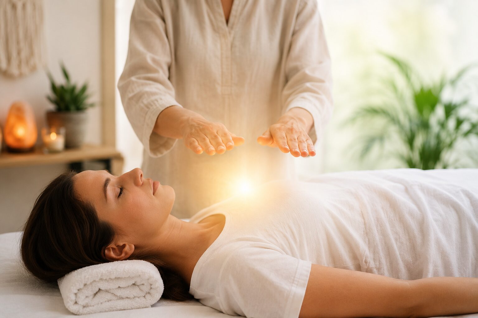 Woman receiving a Reiki session while a practitioner holds both hands above her chest in a calm wellness treatment room. - Hackettstown NJ