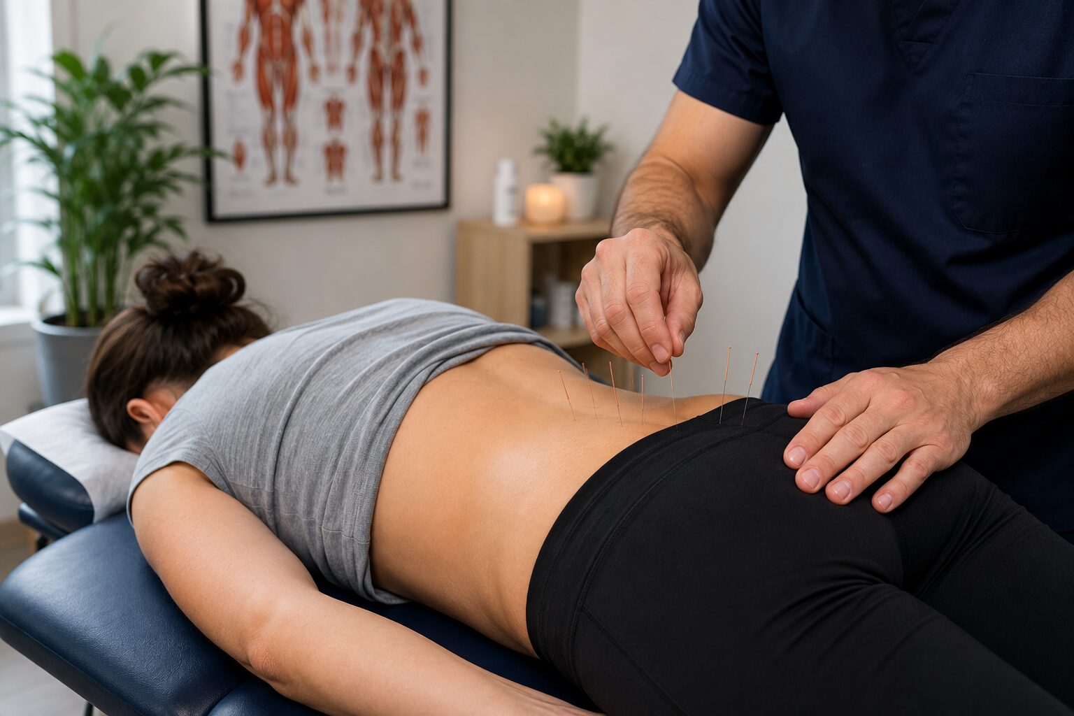 Woman receiving acupuncture treatment with fine needles placed along her lower back and hip to help relieve sciatica symptoms in a professional therapy clinic. 