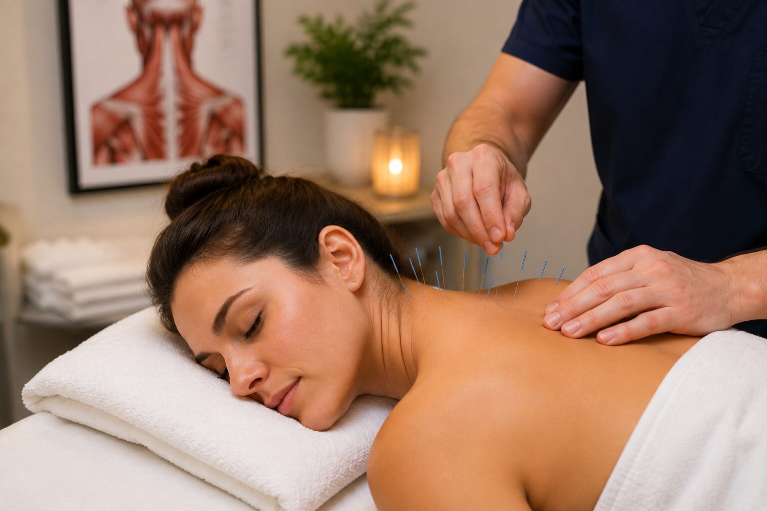 Woman receiving acupuncture treatment with fine needles placed along her neck and upper shoulders while resting comfortably in a calm therapy clinic.