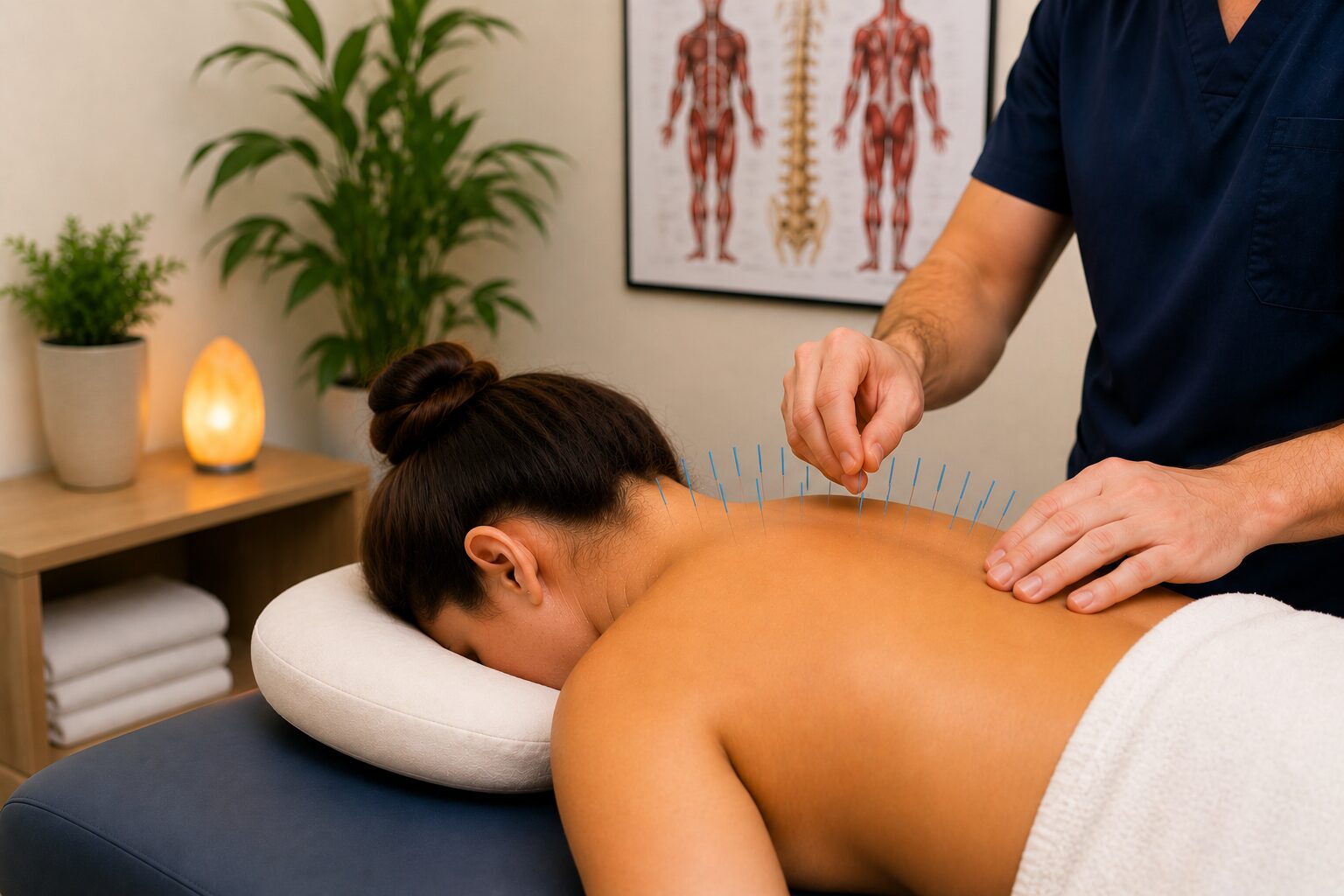 Woman receiving acupuncture treatment with fine needles placed along her upper and mid-back while lying comfortably on a treatment table in a calm clinical setting.