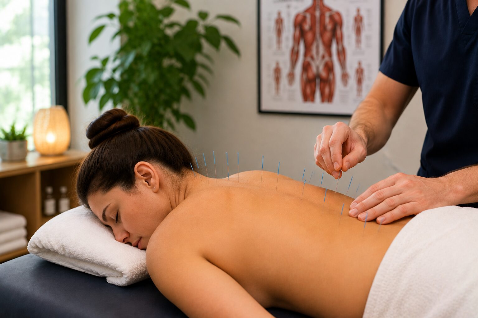 Woman receiving acupuncture treatment with fine needles placed along her back while resting comfortably on a treatment table in a calm rehabilitation clinic.