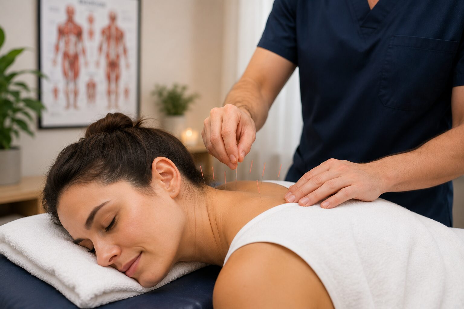 Woman receiving acupuncture treatment with fine needles placed along her neck and upper shoulders while lying comfortably in a professional therapy clinic. 
