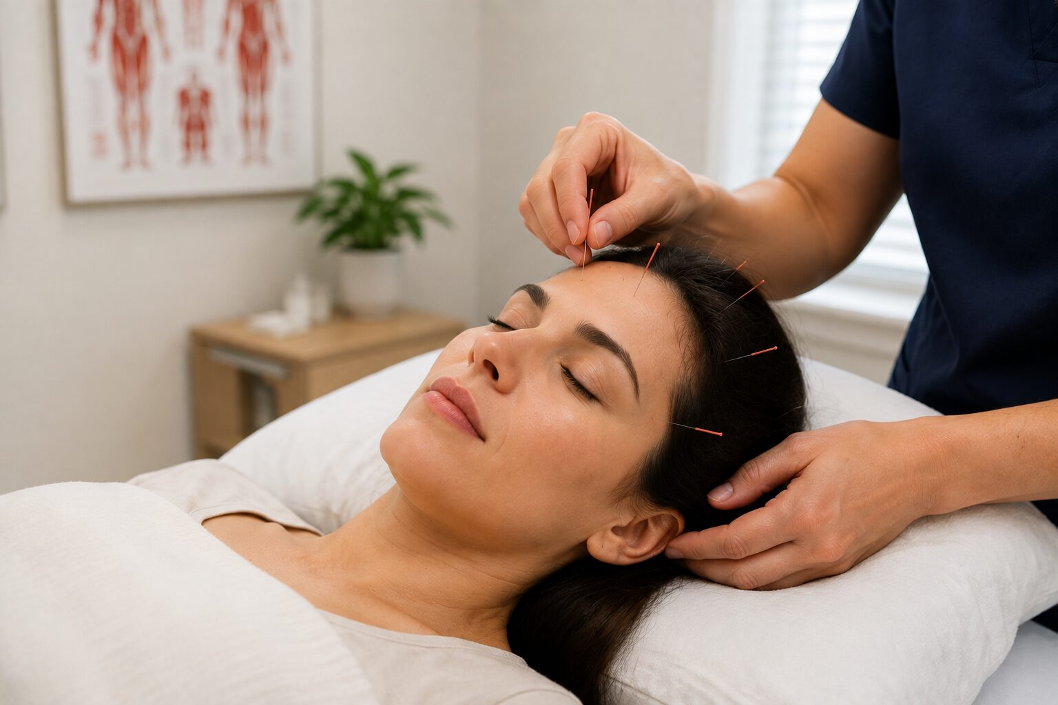 Woman receiving acupuncture treatment with fine needles placed around her forehead and scalp while a practitioner gently supports her head in a calm clinical setting.