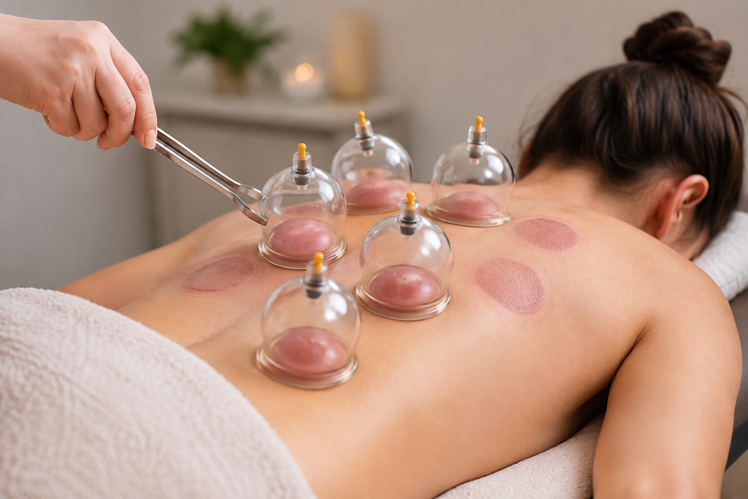 Woman receiving cupping therapy with clear suction cups placed across her back and circular red cupping marks visible on the skin. -      Hackettstown NJ