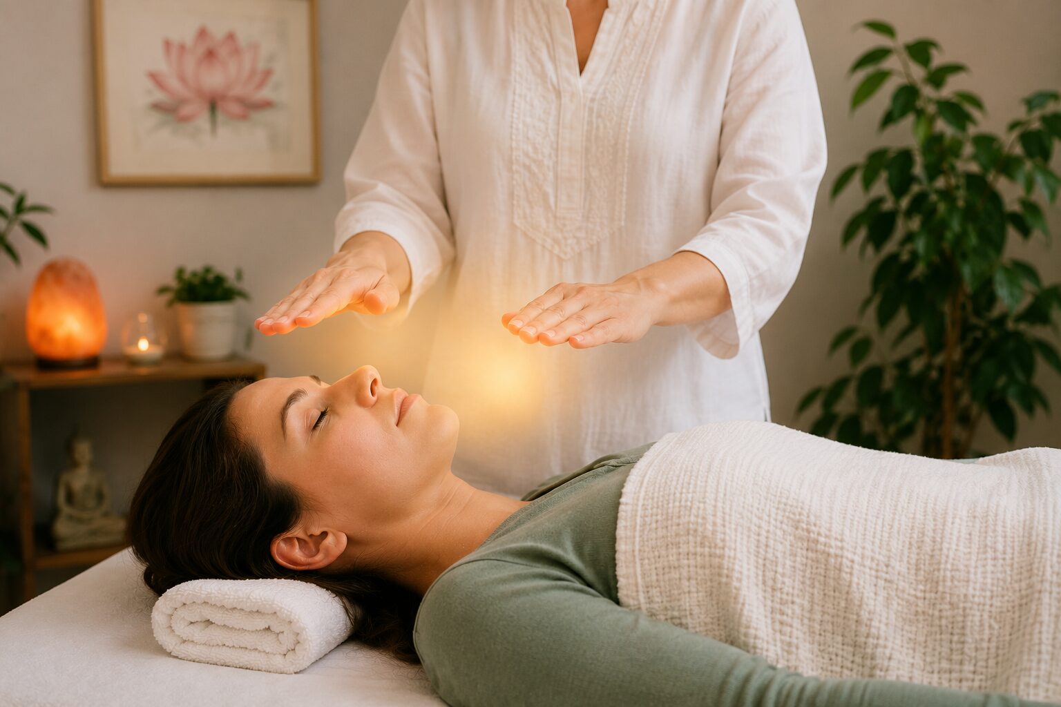 Woman relaxing during a Reiki healing session as a practitioner gently holds hands above her body in a peaceful wellness treatment room. - Hackettstown NJ