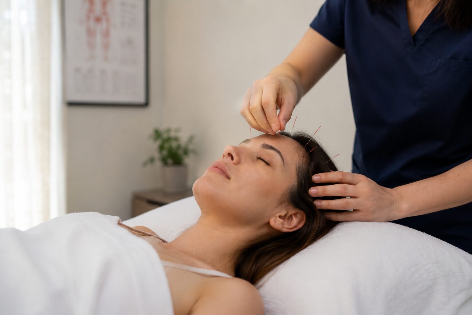 Woman relaxing during acupuncture treatment with fine needles placed around her forehead and scalp in a calm rehabilitation clinic.