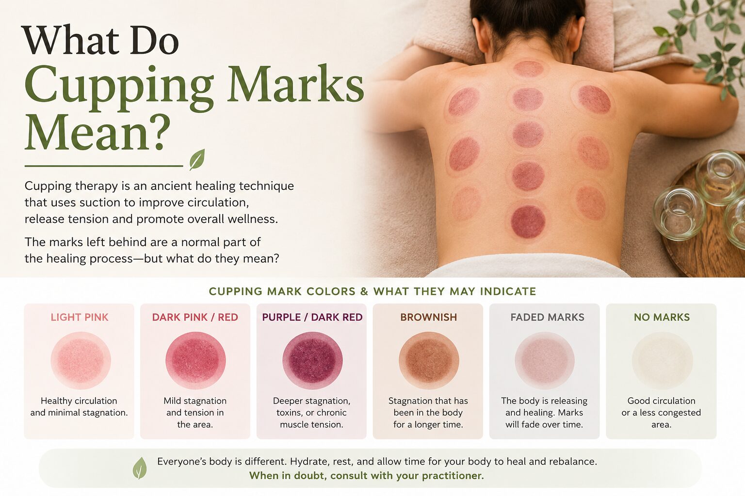 Woman resting face down after cupping therapy, with circular red and purple cupping marks across her back and glass cups nearby. - Hackettstown NJ