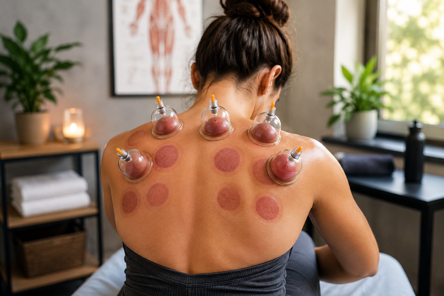 Woman undergoing cupping therapy for muscle recovery with multiple suction cups on her upper back and visible circular cupping marks in a wellness clinic. - Hackettstown NJ