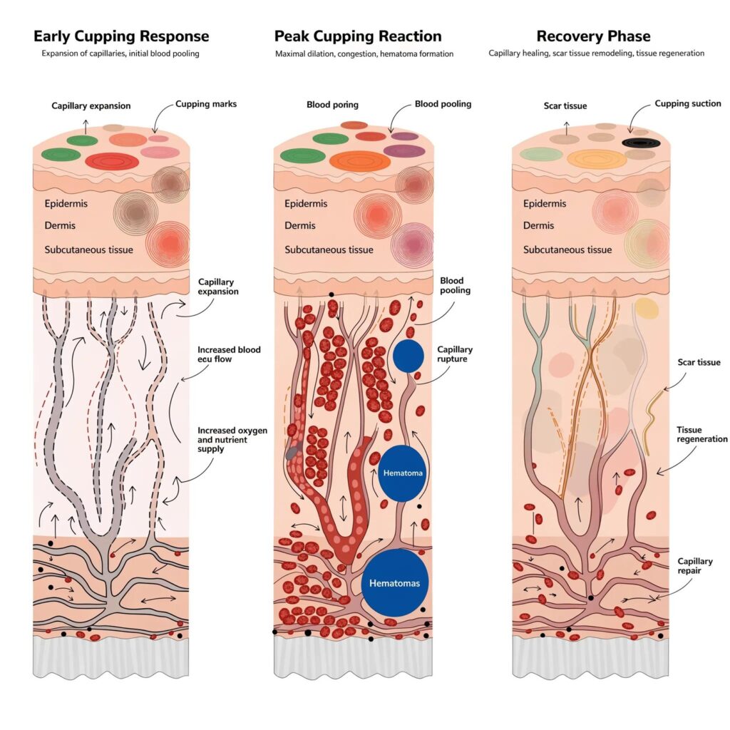 Infographic showing the early response, peak reaction, and recovery phase of cupping therapy, illustrating capillary expansion, blood pooling, tissue healing, and skin regeneration.