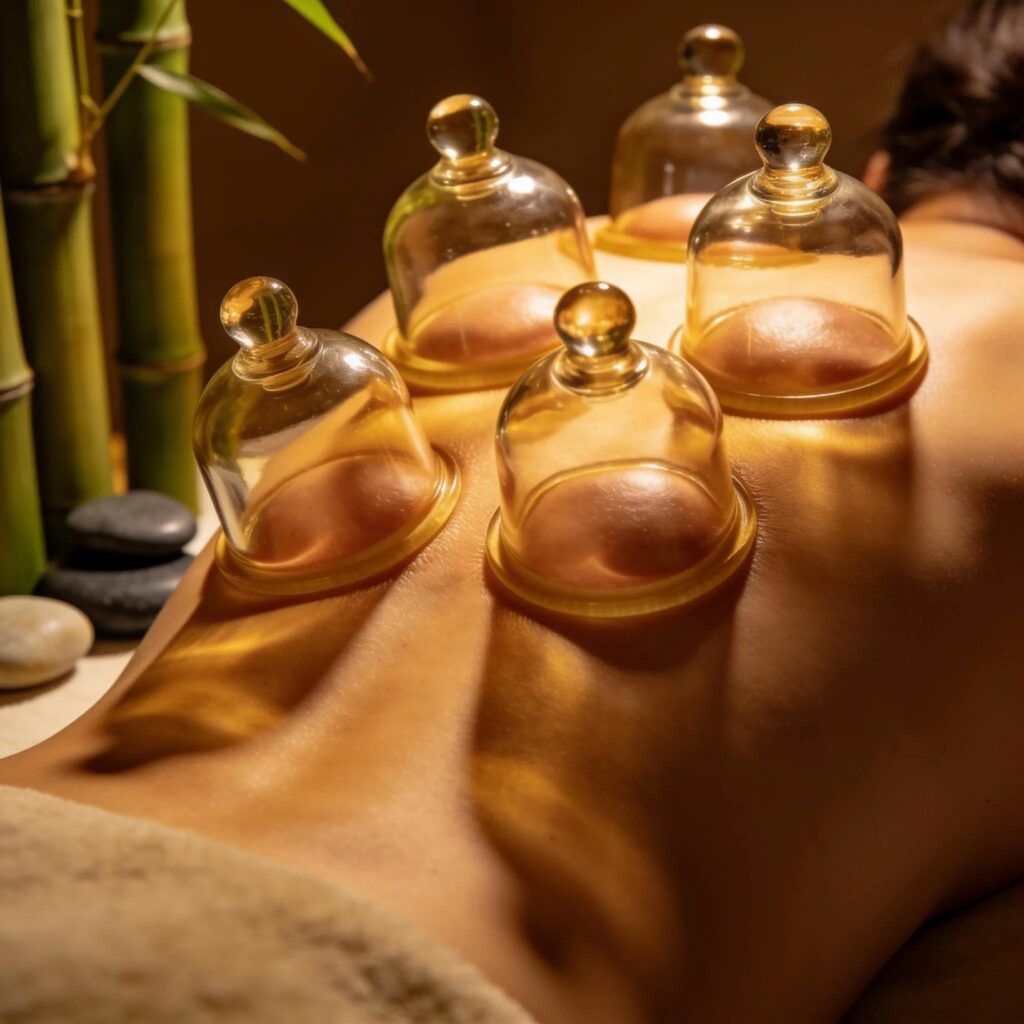 Close-up of cupping therapy cups applied to skin in a tranquil spa setting promoting healing and relaxation