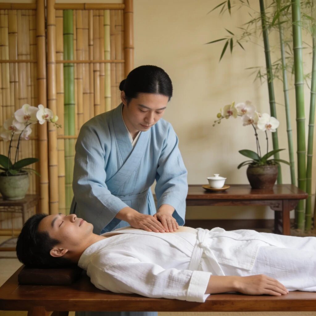 Relaxed client receiving a Tuina massage from a practitioner in a calm, traditional setting