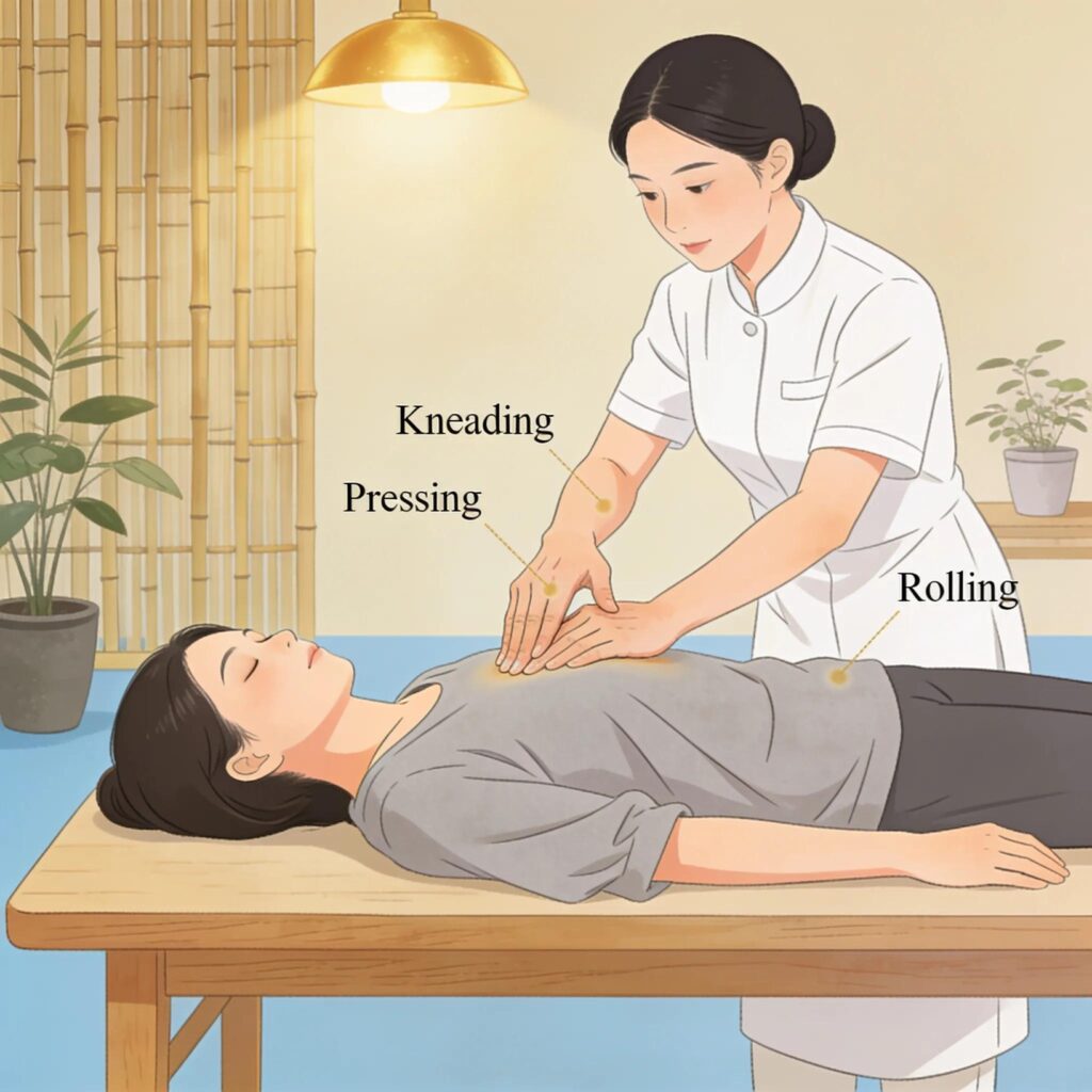 Demonstration of common Tuina massage techniques including kneading, pressing, and rolling